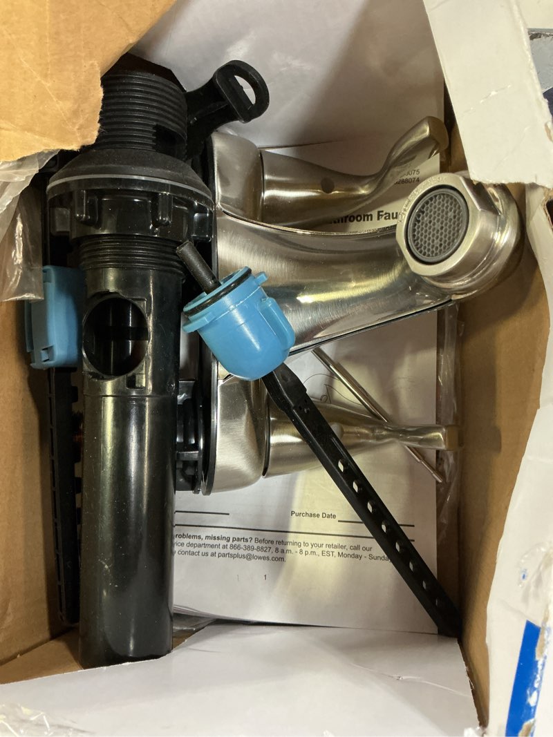 Condition photo showing As Is for project source webber nickel 4-in centerset 2-handle watersense bathroom sink faucet with drain and deck plate
