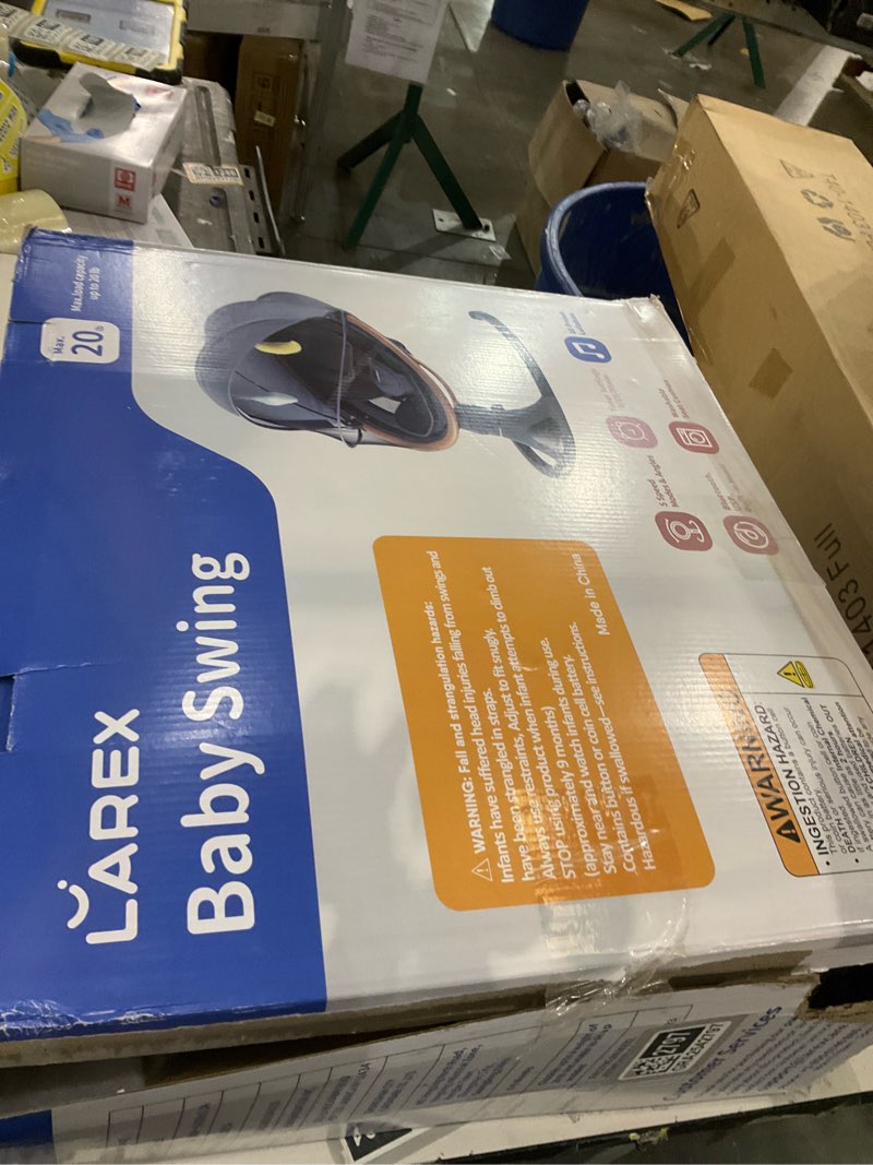 Condition photo showing New/Like New for LAREX Baby Swing to Toddler Electric Infant Swing Portable for Newborn Boy Girl, 5 Sway Speeds with Remote Control, 12 Preset Melodies and Bluetooth, 0-6 Months Max 20 Lbs (Light Wood Grain)