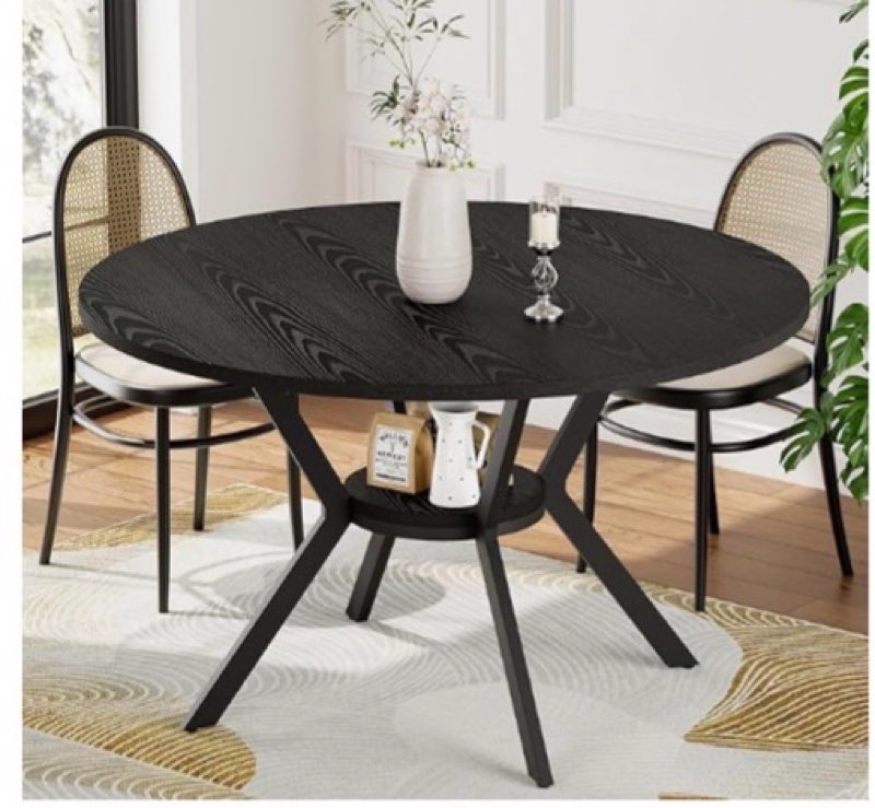 nutikas 42 inch round dining table for 4, modern black wood grain kitchen table with cross metal leg