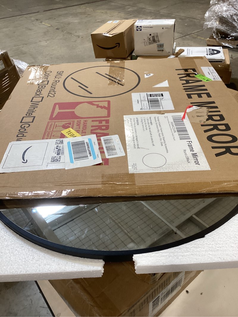 Condition photo showing Good Condition for 22 inch black round circle mirror for wall,modern bathroom mirrors with simple metal frame, entryway, bedroom vanity, living room, hallway decor (matte black, wall mounted)
