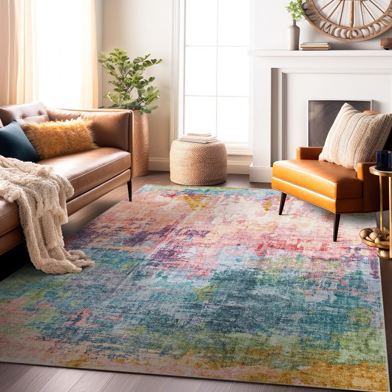 Rugshop Area Rug Contemporary Distressed Abstract Rug Washable Rug Non Slip Rugs