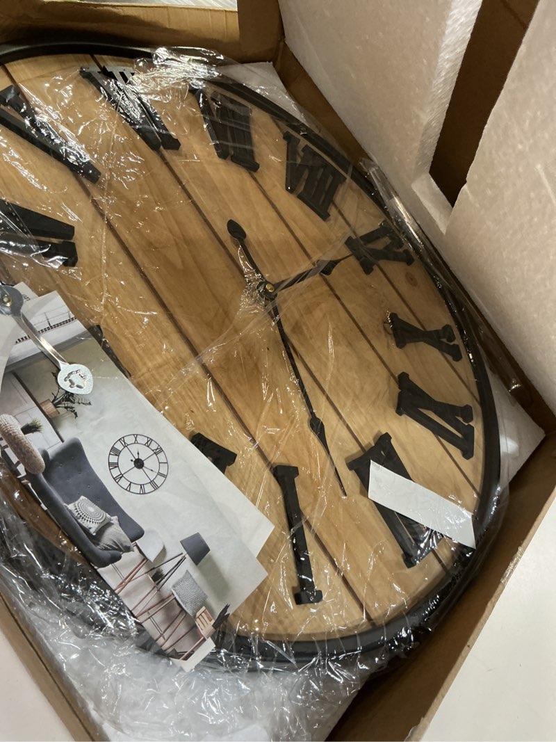 Condition photo showing Good Condition for large wall clock 20in, silent metal wood style wall clocks battery operated for living room decor, farmhouse big wall clock, outdoor wood-roman 20in
