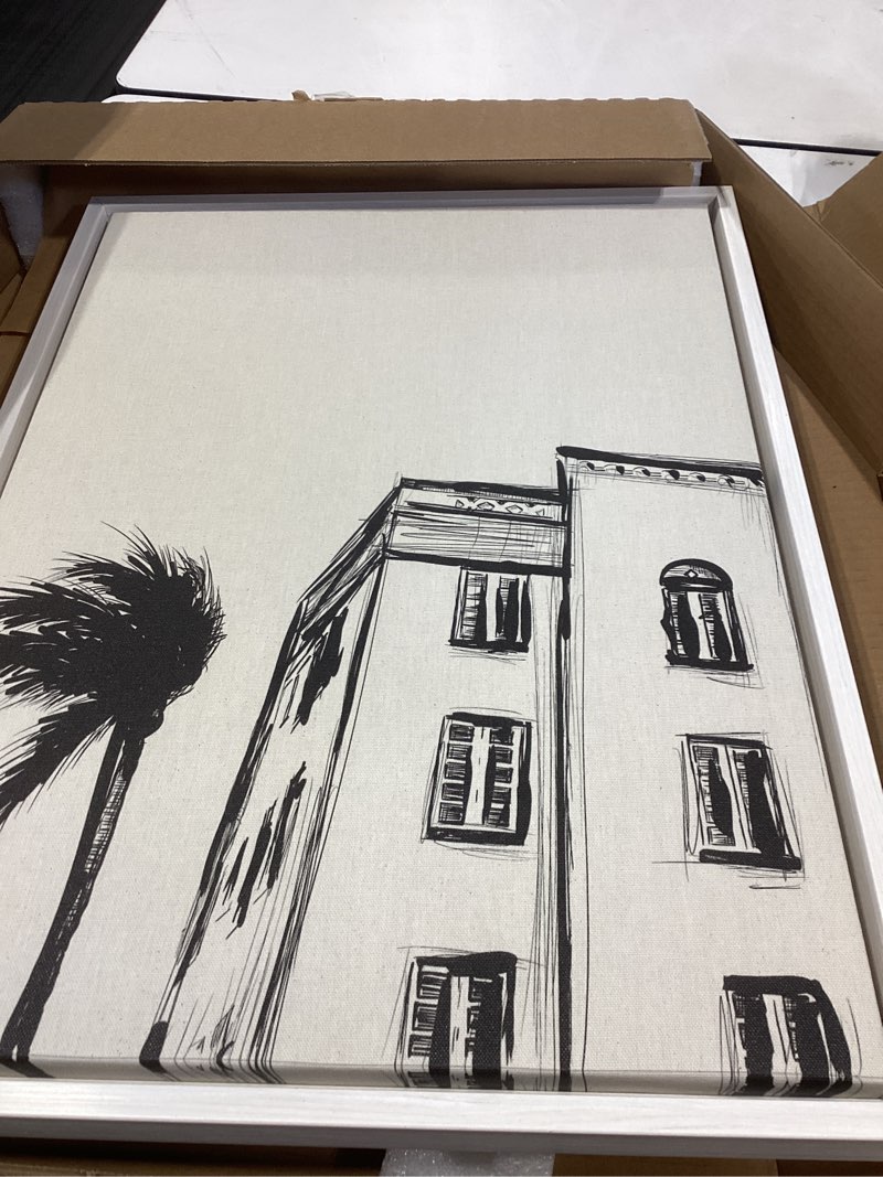 Condition photo showing Good Condition for Kate and Laurel Sylvie Miami Beach Architecture Retro Art Deco Framed Canvas Wall Art Set by The Creative Bunch Studio, 2 Piece 18x24 White, Minimalist Miami Building Art for Wall 2 Piece Set 18x24 White