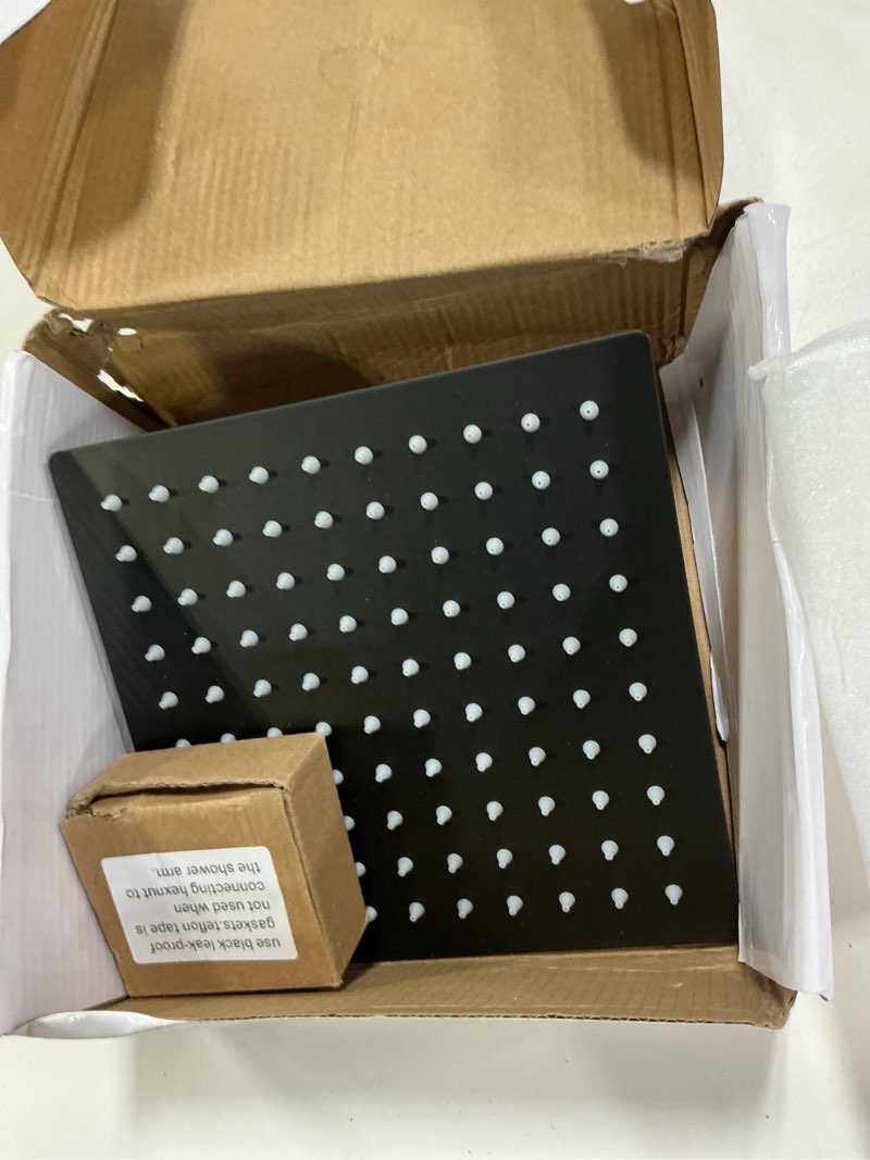 Condition photo showing As Is for nearmoon filtered rain shower head, high pressure 8?square, and 5 settings handheld shower filter combo with self-adhesive holder/1.5m hose -1 replaceable filter cartridge (matte black)