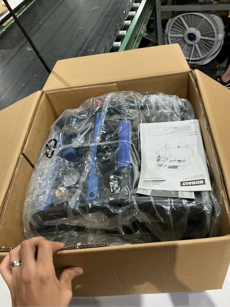 Condition photo showing As Is for kobalt quiet tech 2-gallon portable electric 125 psi hot dog air compressor