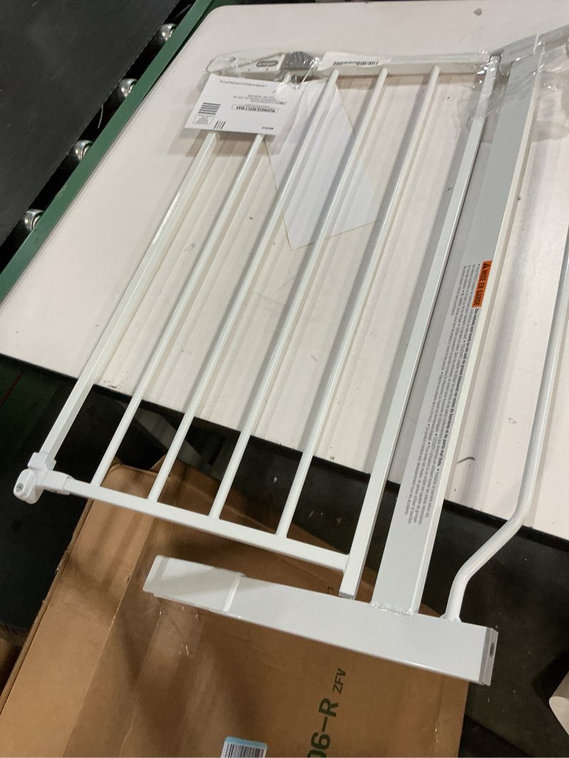 Condition photo showing As Is for regalo safety 38" baby gate for doorways & bottom of stairs, pressure mount design for babies, toddlers & pets, tested & safe for 30 years, american designed, american owned, white white 29-38.5"w x 30"h
