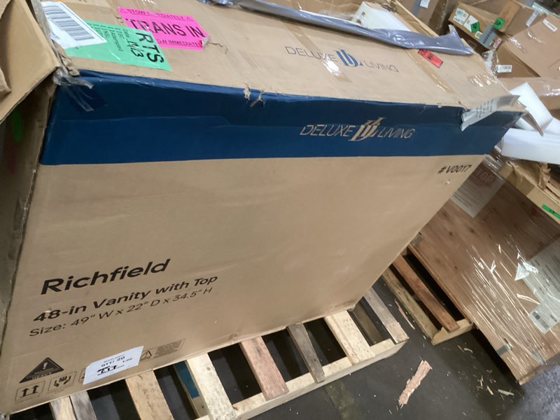 Condition photo showing New/Like New for DELUXE DL LIVING Richfield 49 in. Single Sink Freestanding White Bath Vanity with White Engineered Stone Top * no faucet