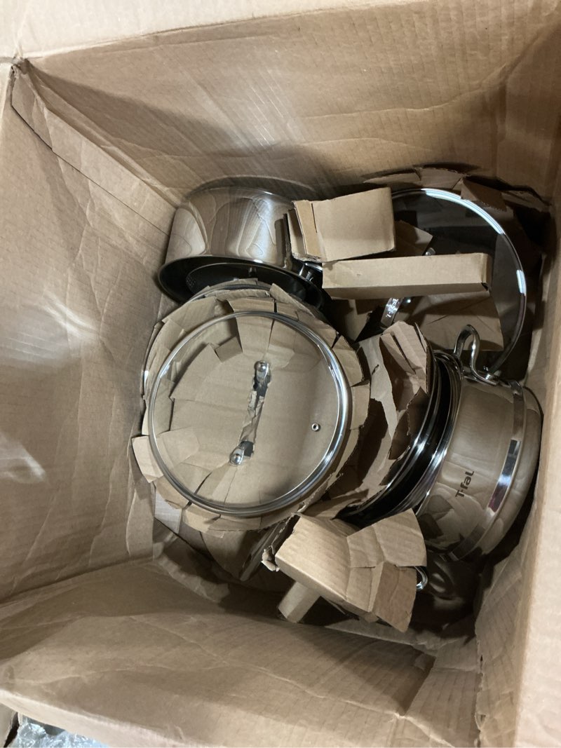 Condition photo showing Good Condition for T-fal Stainless Steel Cookware Set, 11 Piece, Induction Cookware, Oven Safe to 500°F, Kitchen Cooking Set w/Fry Pans, Pots and Pans, Dutch Oven, Saucepans, Kitchen Essentials, Silver 11-Piece Stainless Steel