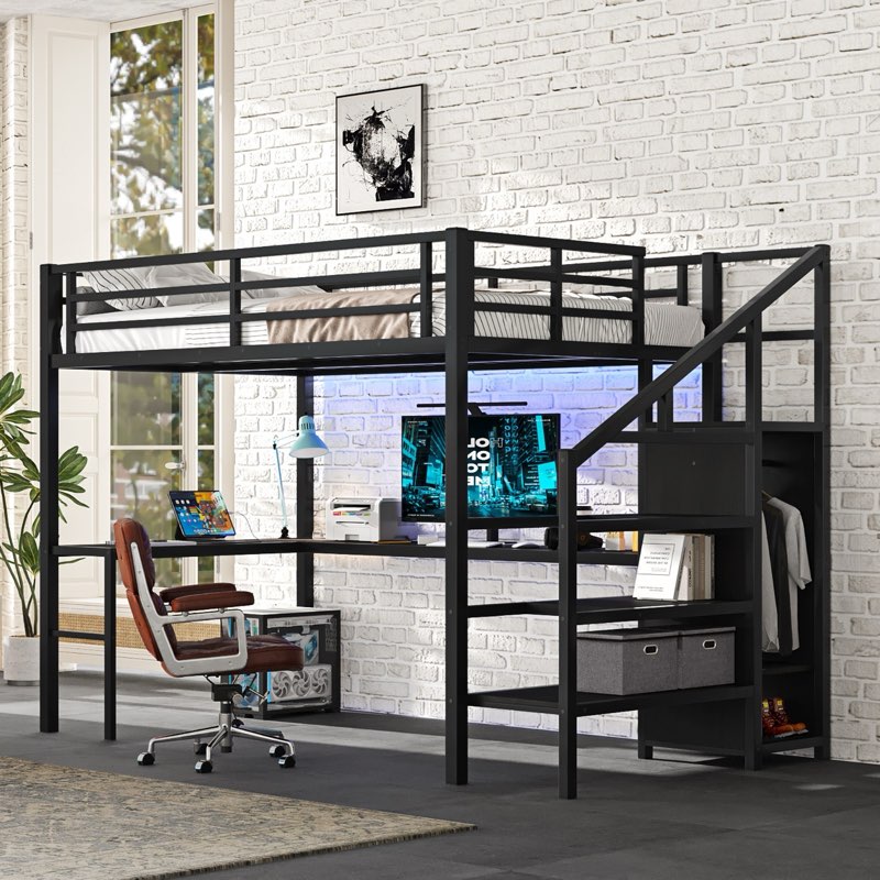 full size loft bed l-shaped desk usb metal loft bed wardrobe adjustable shelf