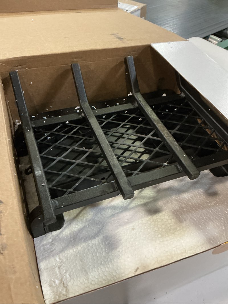 Condition photo showing As Is for small fireplace grate 14 inch - wood stove fireplace log grates with ember & ash trays pan, inside outdoor heavy duty wrought cast iron rack holder for indoor outdoor chimney hearth