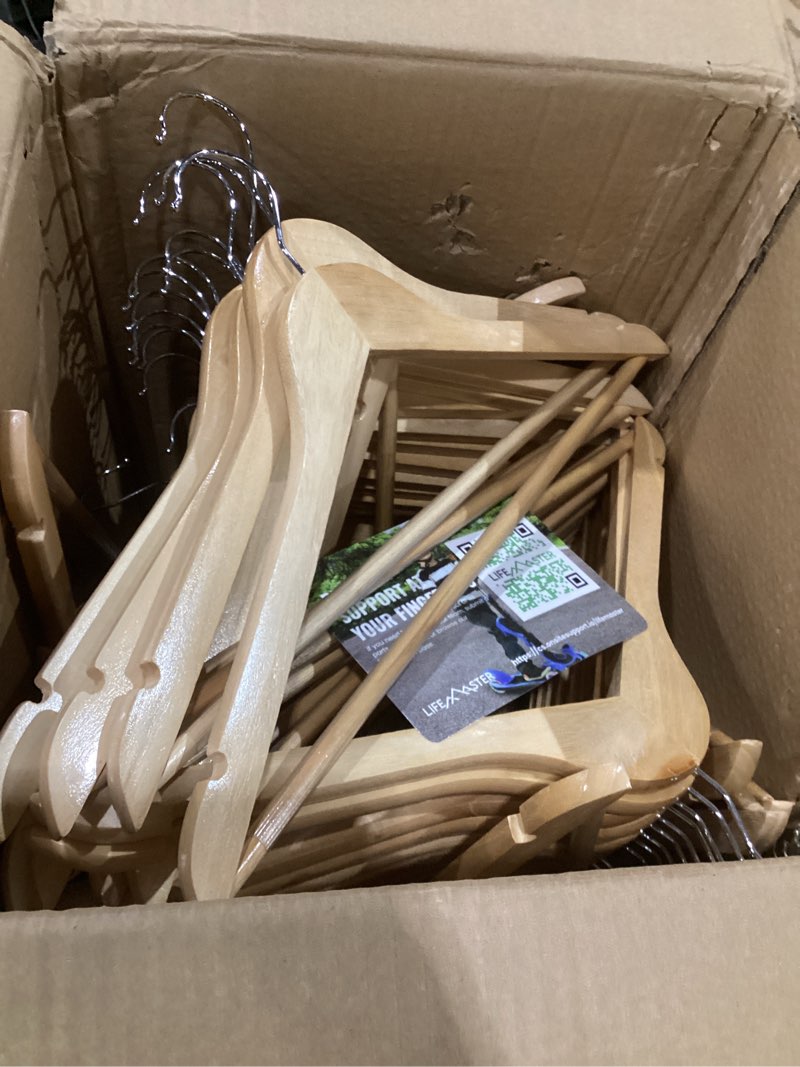 Condition photo showing Good Condition for (quantity unknown)lifemaster wooden hanger set -  non-slip versatile closet space-saving hanger set for suit, coat, camisole, jacket, pants, and dresses with rotating swivel hook - natural wood natural wood
