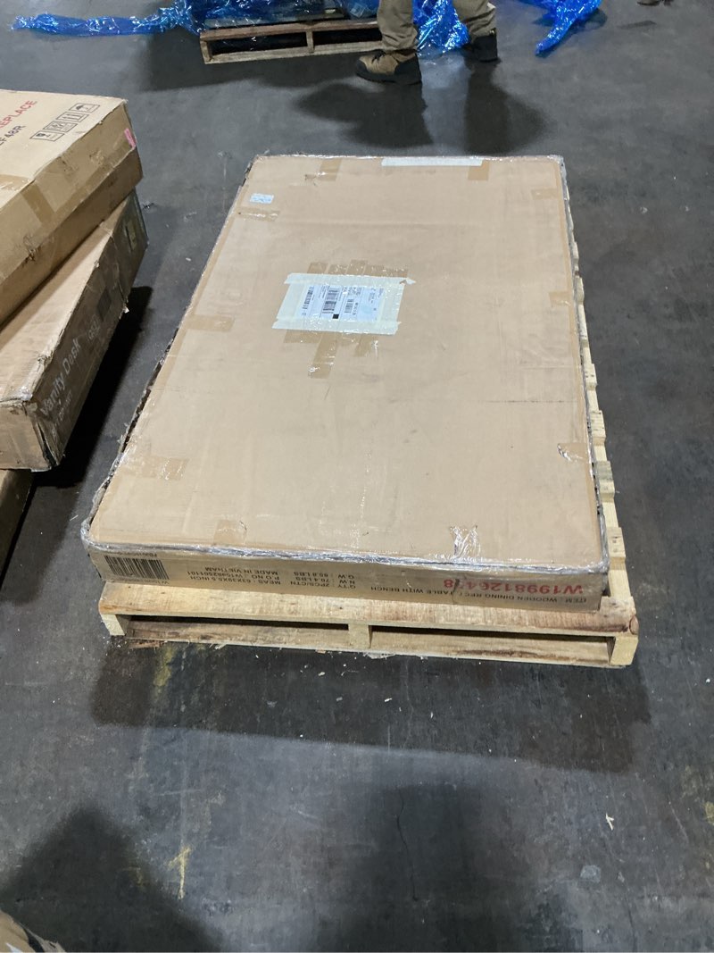 Condition photo showing Good Condition for 6-Piece Wooden Dining Table Set, Dining Table Set for 6, Including 1 Dining Table, 4 Upholstered Chairs and 1 Bench, Wooden Legs Dining Table, Table Set for Dining Room, Grey X-shaped backrest Grey