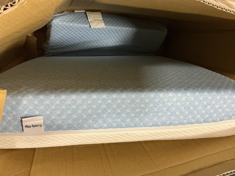 Condition photo showing As Is for Crib Mattress Dual Sided Memory Foam Baby Toddler Bed Mattress, 52" x 27.6" x 5.5" Soft Breathable Mattresses with Removable Machine Washable Cover, Fits Standard Cribs&Toddler Beds, White&Blue