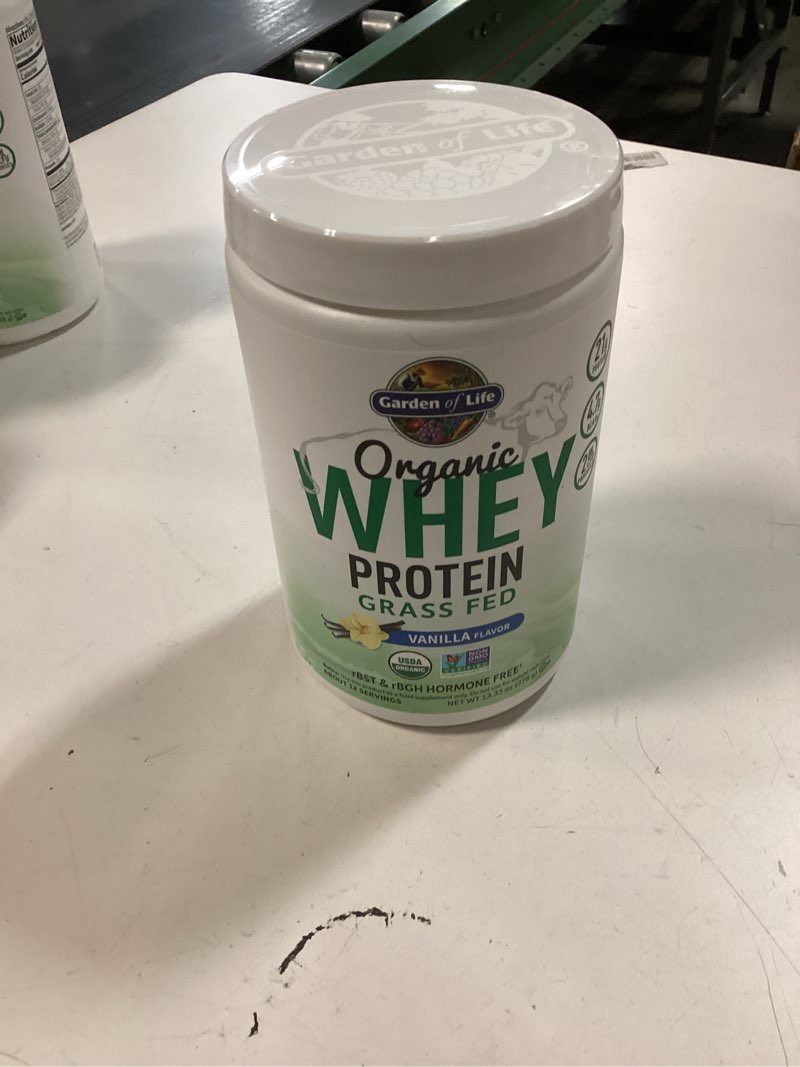 Condition photo showing New/Like New for Garden of Life Grass Fed Whey Protein Powder Vanilla - 21g Protein for Women & Men + Probiotics - 12 Servings - Gluten Free, Non GMO, Kosher, Humane, RBST & rBGH Hormone Free