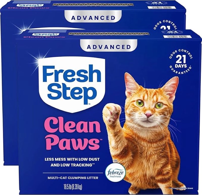 fresh step clumping cat litter, advanced, clean paws multi-cat, extra large, 37 pounds total (2 pack of 18.5lb boxes)
