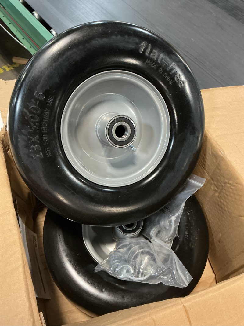 Condition photo showing Good Condition for 13x5.00-6 flat free lawn mower tire, zero turn mower front tires, 13x5x6 solid mower wheel for residential and commercial, 3/4" & 5/8" bearing, 3.25"-5.9" center hub, 2pack gray, 500lbs