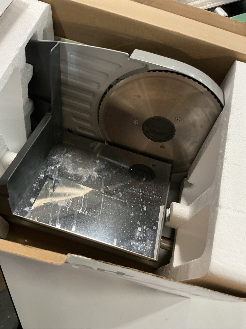 Condition photo showing As Is for Cuisinart Kitchen Pro Food Slicer, Meat Slicer with Slice Control Knob Adjusts from 1/32" to 1/2" to Slice Bread, Roasts, and Firm Cheeses, Removable 7.5" Stainless Steel Cutting Blade, FS-75, Gray