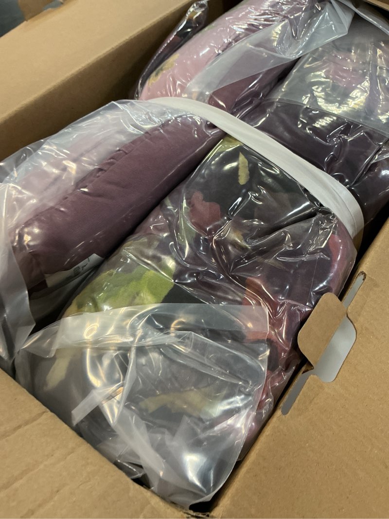 Condition photo showing Good Condition for madison park queen size purple comforter set floral comforter, velvet vintage shabby chic bedding sets, 1 soft reversible botanical flowers comforter, 2 shams, 2 decor pillow, seraphina, full/queen | reversible, velvet vintage queen purple/ black