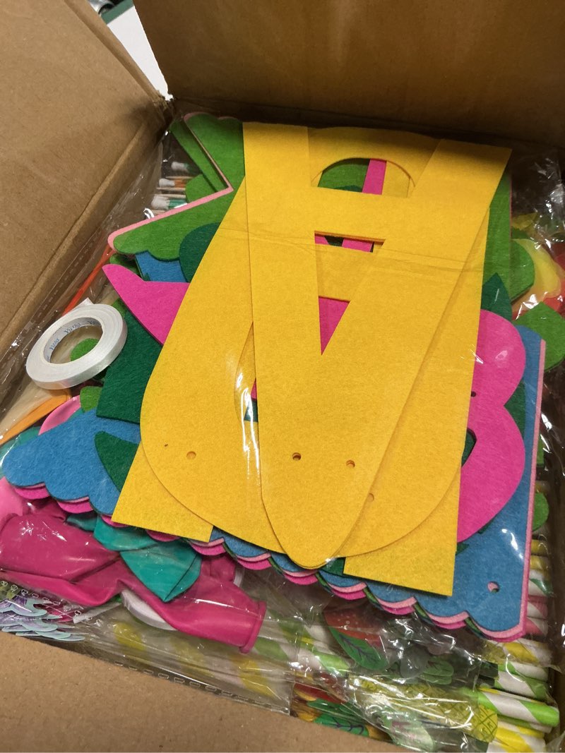 Condition photo showing Good Condition for 325pcs aloha birthday party decorations 24set hawaiian tableware supplies | hawaiian luau party decorations with balloons banner table skirt pineapple plates napkins cutlery for tropical party supplies