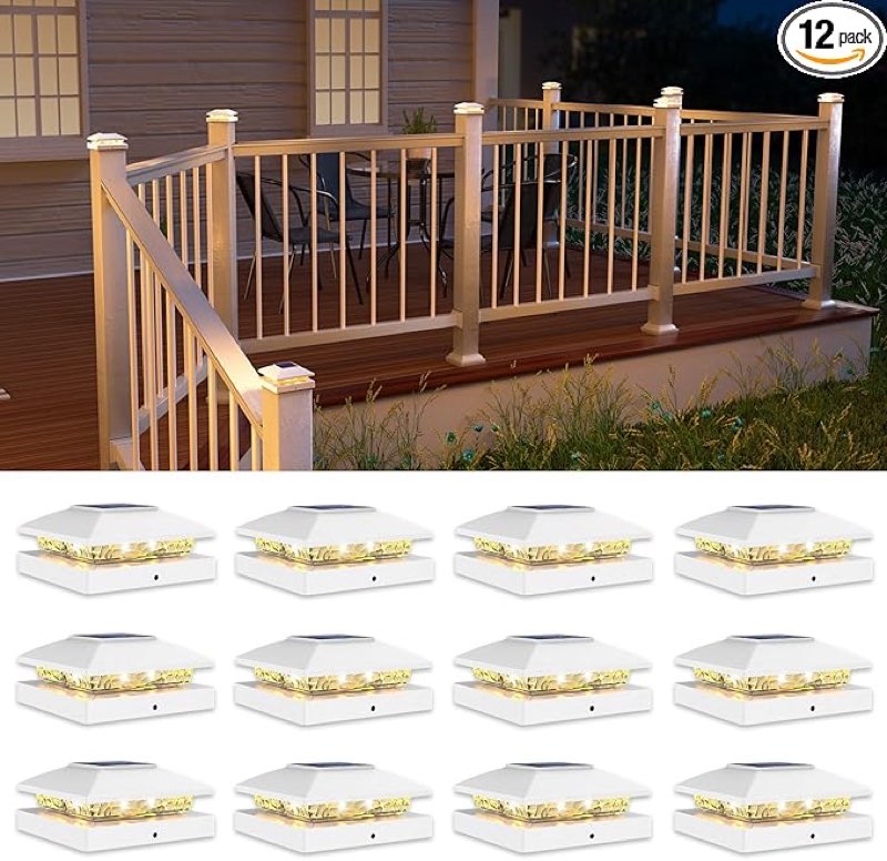 solar post cap lights 12 packs for 4x4 wooden/vinyl posts, ip65 waterproof fence post solar lights with warm/cool/neutral lighting, outdoor post lights for garden, patio, porch- white white 4*4" 12 pack