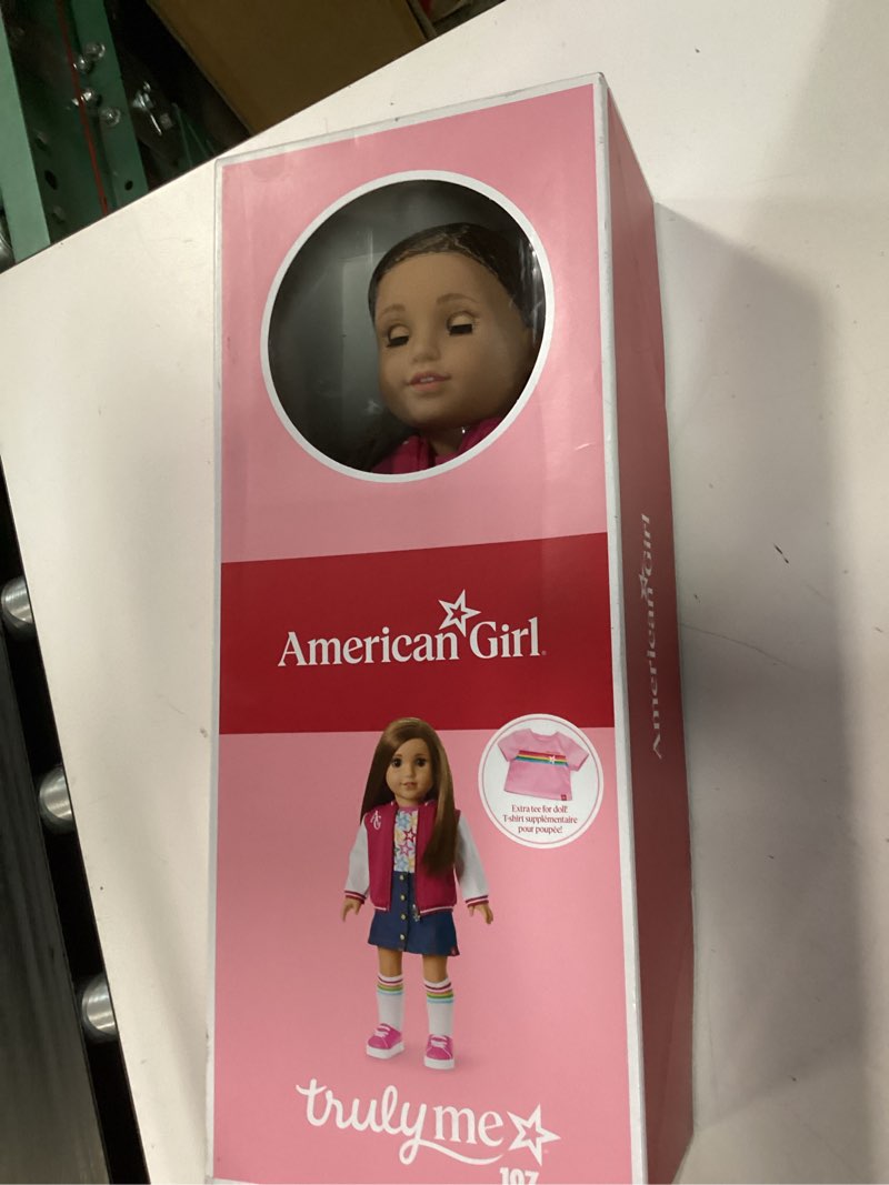 Condition photo showing New/Like New for american girl, truly me 18-inch doll #107 with brown eyes, straight brown hair, light-to-medium skin, for ages 6+ long light brown hair doll