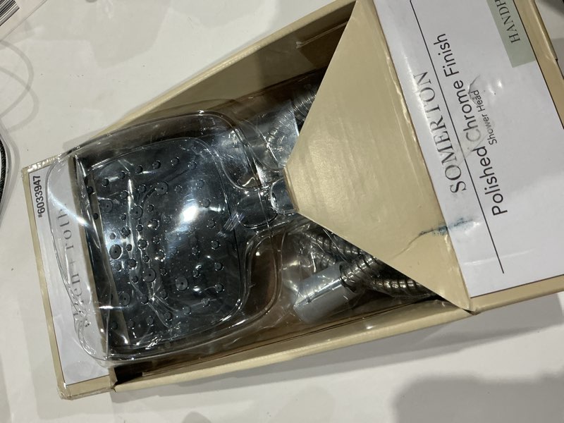 Condition photo showing As Is for allen + roth somerton 4 -spray polished chrome 5.15-in handheld shower head 1.8 gpm