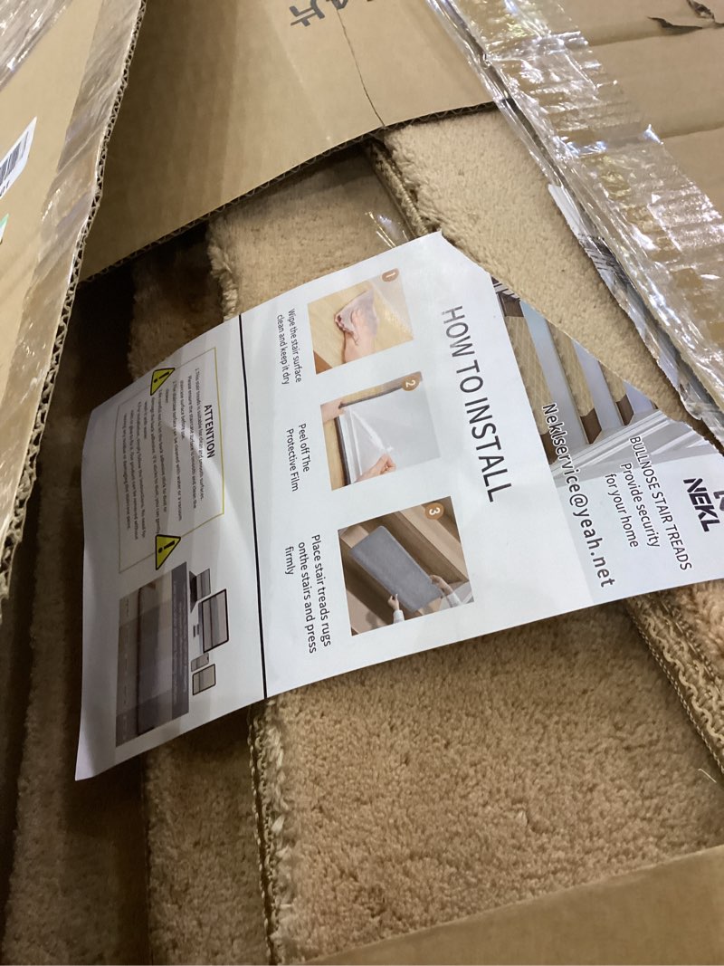 Condition photo showing As Is for Bullnose Stair Treads Non Slip 9.5" x 32", 14 Pcs Ultra Plush Carpet Stair Treads for Wooden Steps Indoor with Edge Protection, Reusable Peel and Stick TPU Backing Stair Runner Rugs - Beige 9.5*32 INCH Beige 14