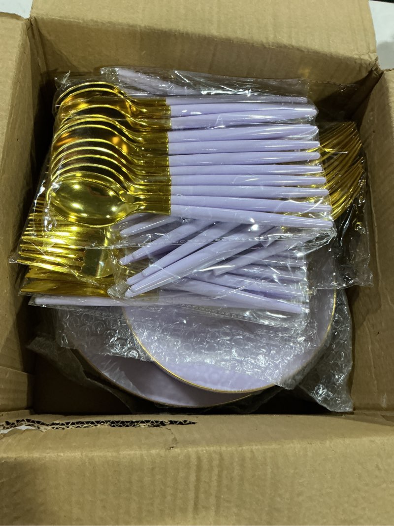 Condition photo showing Good Condition for dayammi 150pcs purple plastic plates with gold rim,disposable plastic plates include 30 dinner plate,30 salad plate,30 forks,30 spoons,30 knive,purple disposable platos for party wedding bridal shower purple gold