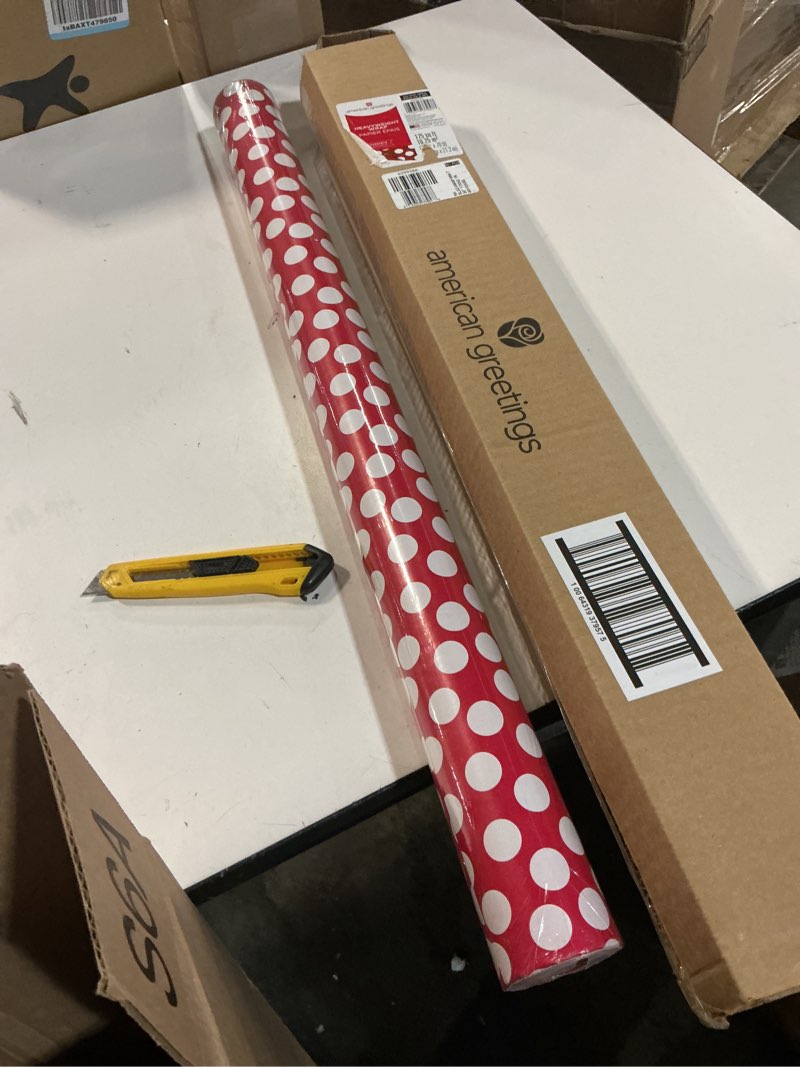 Condition photo showing New/Like New for American Greetings Reversible Wrapping Paper Jumbo Roll for Fathers Day, Graduation, Birthdays and All Occasions, Red and White Polka Dots (1 Roll, 175 sq. ft.)