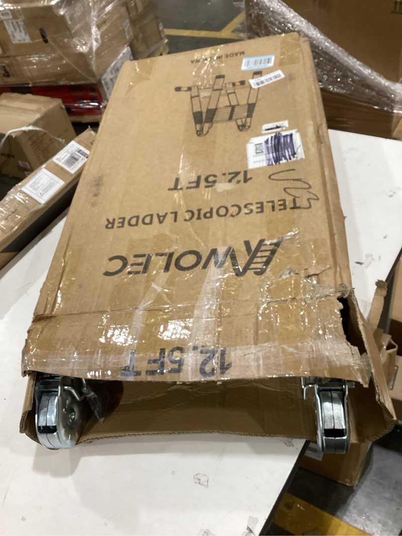 Condition photo showing As Is for Wolec 12.5 FT A Frame Telescoping Ladder, Extension Multi-Purpose w/Balance Bar & Wheels, Ladder A Frame, Heavy Duty 330 lbs Max Capacity, Ideal for Home and Outdoor Work, Silver Silver 12.5 FT A Farme