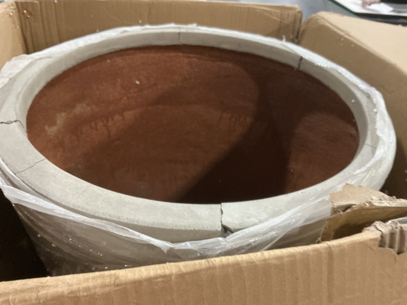 Condition photo showing As Is for Kante 18 Inch Round Concrete Planter, Large Outdoor Indoor Plant Pot with Drainage, Weathered Concrete Finish with Painted Interior, for Flowers, Trees, Shrubs
