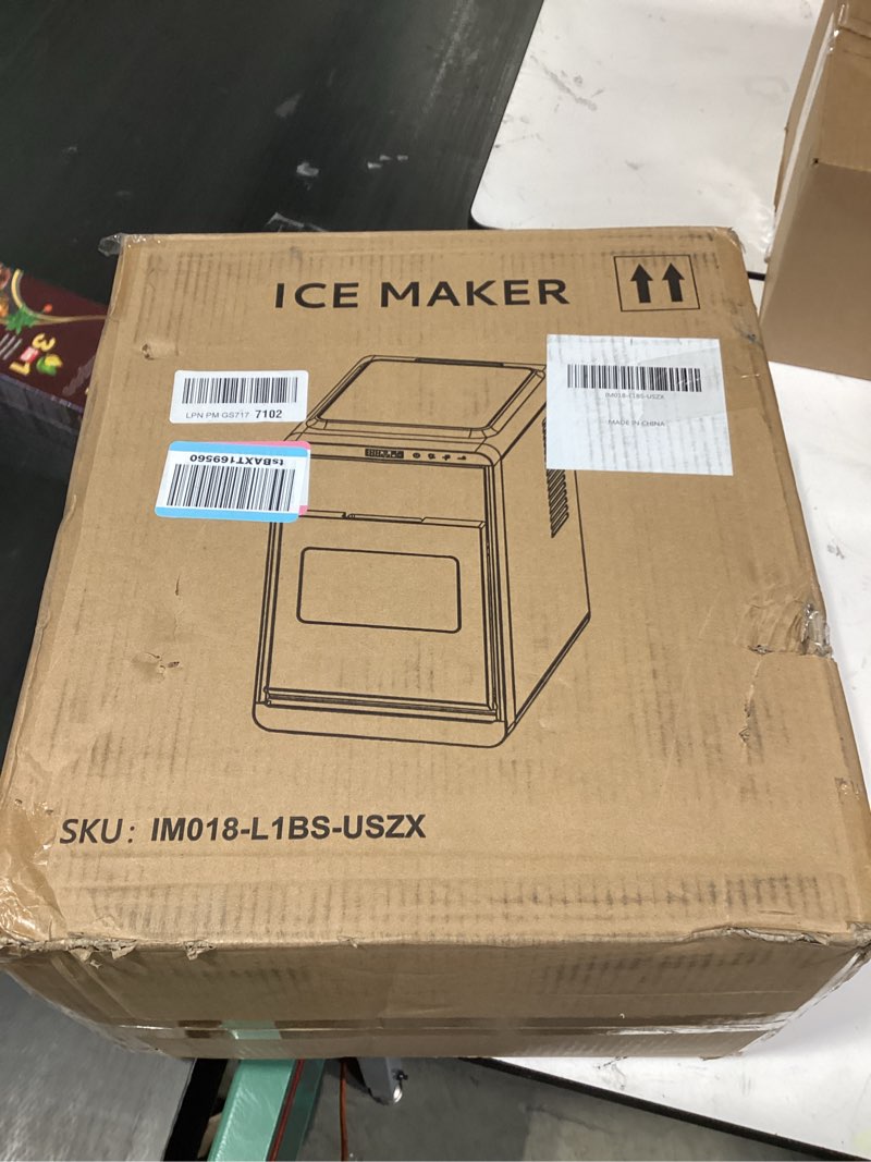 Condition photo showing As Is for euhomy countertop ice maker machine with handle, 26lbs in 24hrs, 9 ice cubes ready in 6 mins, auto-cleaning portable ice maker with basket and scoop, for home/kitchen/camping/rv. (black)