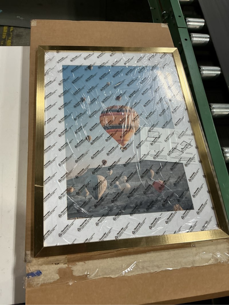 Condition photo showing New/Like New for 3x4 picture frame gold for wall hanging or tabletop, wall mounting horizontally or vertically, 3 x 4 wall gallery poster photo frame with shatter resistant plexiglass, gold gold 3x4 inch
