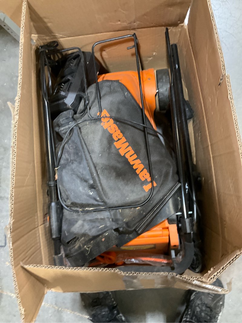 Condition photo showing As Is for lawnmaster clmf4815e 48v max 15-inch brushless cordless lawn mower with 2x24v max 4.0ah battery and a dual charger 15-inch-orange