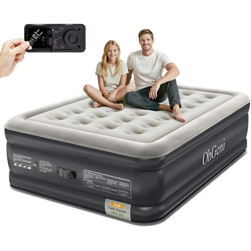 ohgeni air mattress full with built-in pump,18" comfortable blow up colchones inflables mattress for home,guests,foldable,portable bed for adults,durable airbed supports up to 600 lbs,black