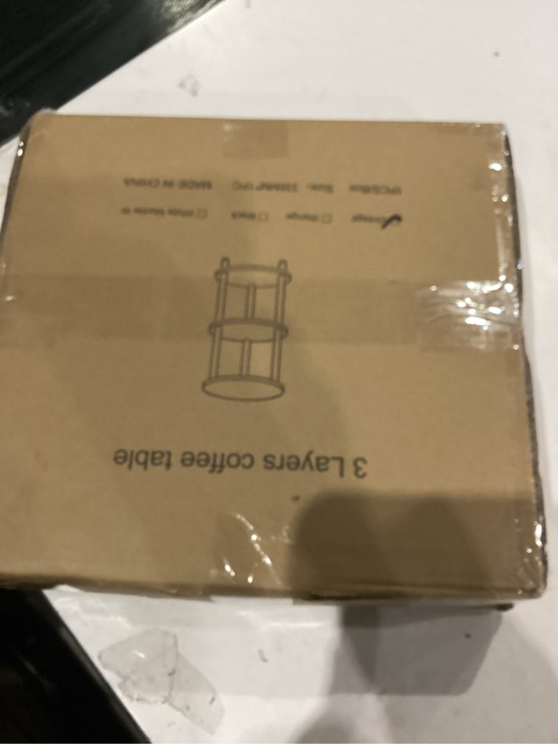 Condition photo showing As Is for Small Round End Table - 3 Tier Design Accent Table, Narrow Side or Bedside Stand, Industrial Vintage Nightstand for Bedroom, Living Room, or Small Spaces, Rustic Brown 1 Pack No Power Outlets Rustic Brown