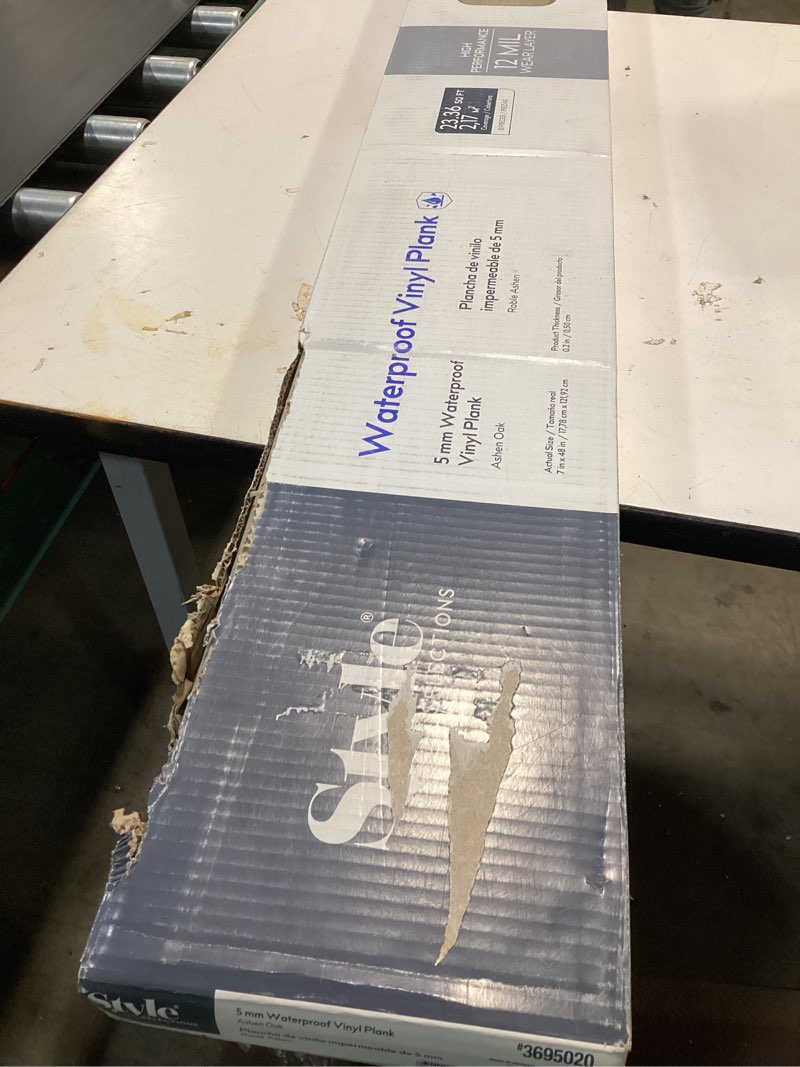 Condition photo showing As Is for style waterproof vinyl  plank 23.36 sq ft 5 mm gray