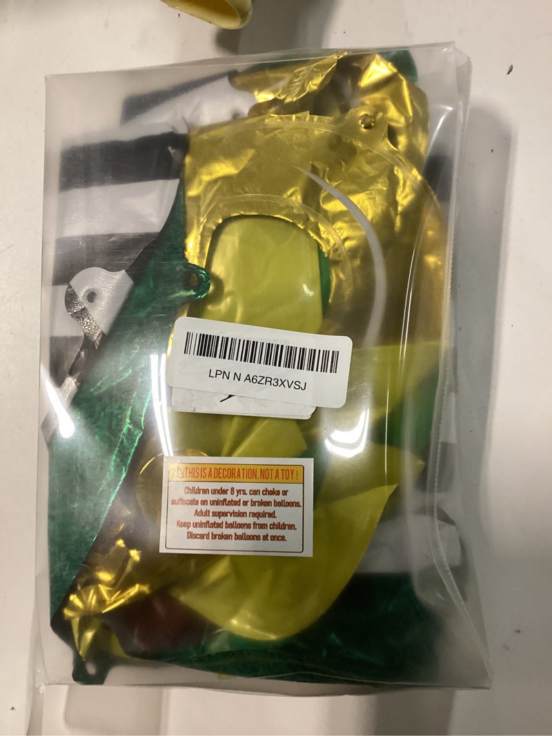 Condition photo showing As Is for Football Balloons dark green brown Balloons with Banner Hanging Swirl Fringe Curtain Goal Post Football Balloons for Sports Birthday Boys first year touch down party decorations