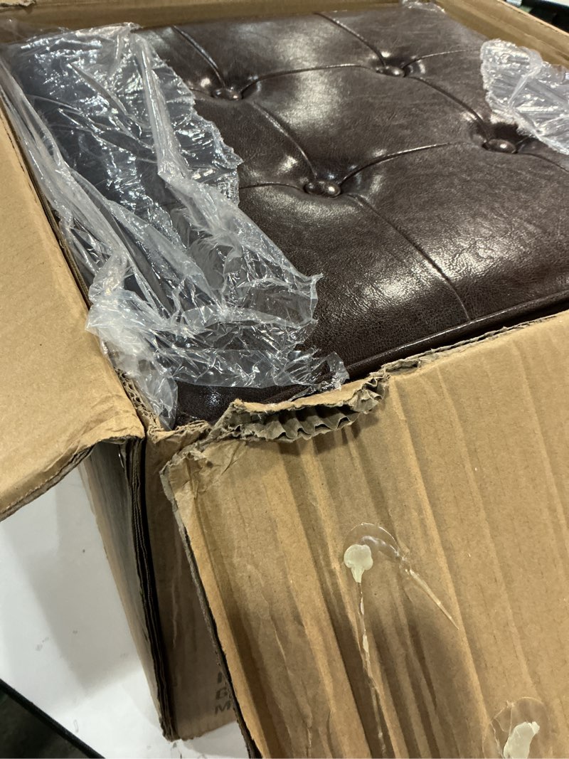 Condition photo showing Good Condition for HomePop Leatherette Tufted Square Storage Ottoman with Hinged Lid, Brown Small