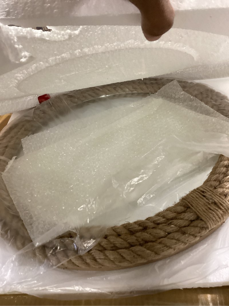 Condition photo showing Good Condition for vercraft nautical mirror 20" wall decor with rope wrapped trim and hanging loop round circle coastal boho mirror nautical rustic decorative for the living room, bedroom bathroom and entryway brown 20.1"l x 20.1"w vintage