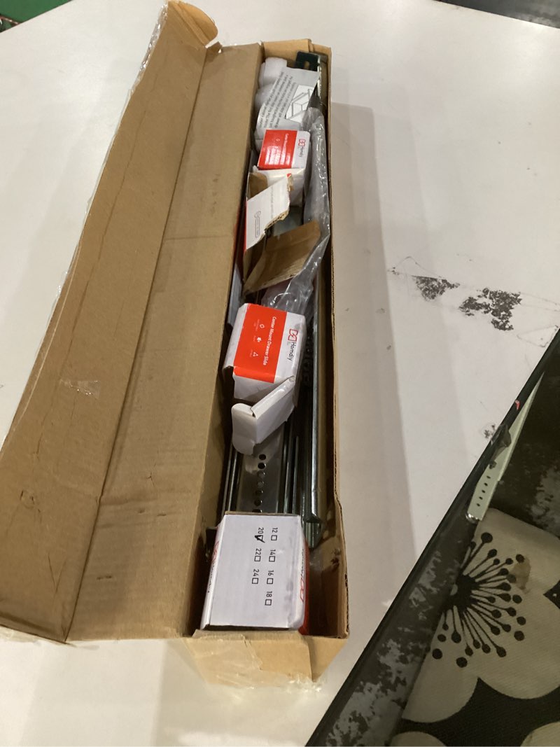 Condition photo showing As Is for homdiy 2 Pcs Bottom Mount Centered Drawer Slides for Cabinet and Dresser 20 Inch Heavy Duty Center Mount Drawer Rails 3/4 Extension Glide Track 20 Inch 2 Pack