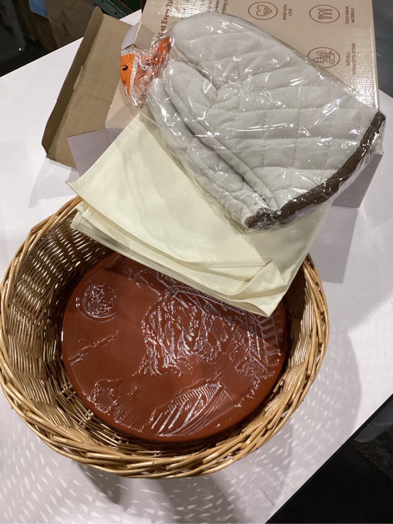 Condition photo showing New/Like New for Bread Basket with Terracotta Warming Stone, Tea Towel and Oven Mitts