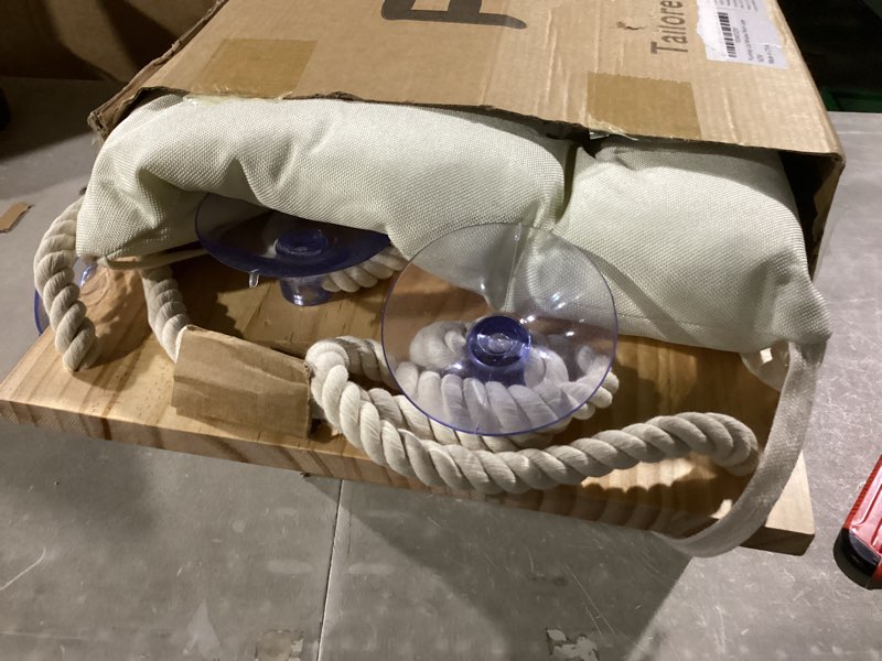 Condition photo showing Good Condition for Large Cat Window Perch with Industrial-Grade Suction Cups – Solid Pine Wood Hammock Bed, Soft Cushion - 42 lb Capacity for Heavy Cats Inside Beige X-Large