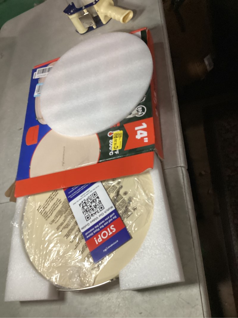 Condition photo showing New/Like New for KitchenStar 14-inch Pizza Stone for Oven and BBQ Grill with Handles, Round, 5/8" Thick - Natural Cordierite, 1800 °F Resistant, Baking Stone Set with Stainless Steel Rack & Plastic Scraper Tool 14 inch