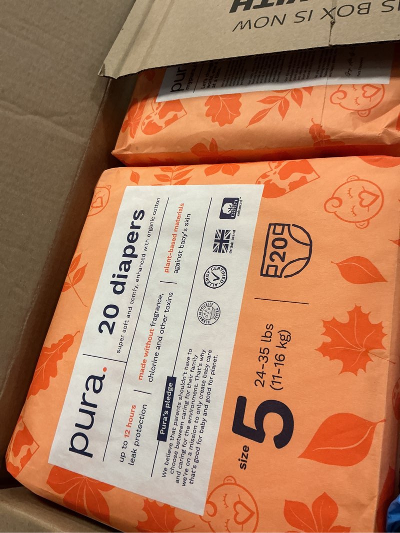 Condition photo showing New/Like New for Pura Size 5 Eco-Friendly Diapers (24-35lbs) Totally Chlorine Free (TCF) Hypoallergenic, Soft Organic Cotton, Sustainable Comfort, 12 Hours Leak Protection, Allergy UK,1 Pack of 40 Diapers Size 5 20