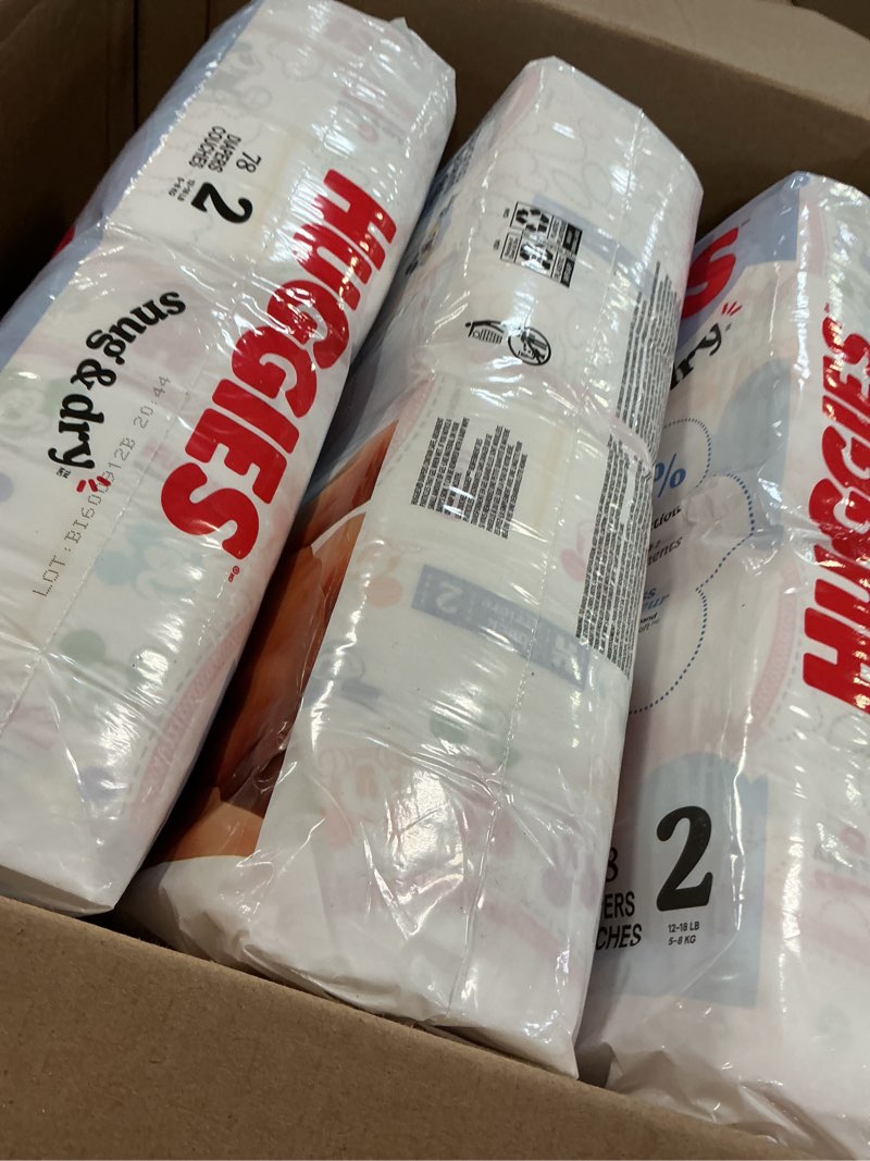 Condition photo showing Good Condition for huggies size 2 diapers, snug & dry baby diapers, size 2 (12-18 lbs), 234 count (3 packs of 78), packaging may vary size 2 234