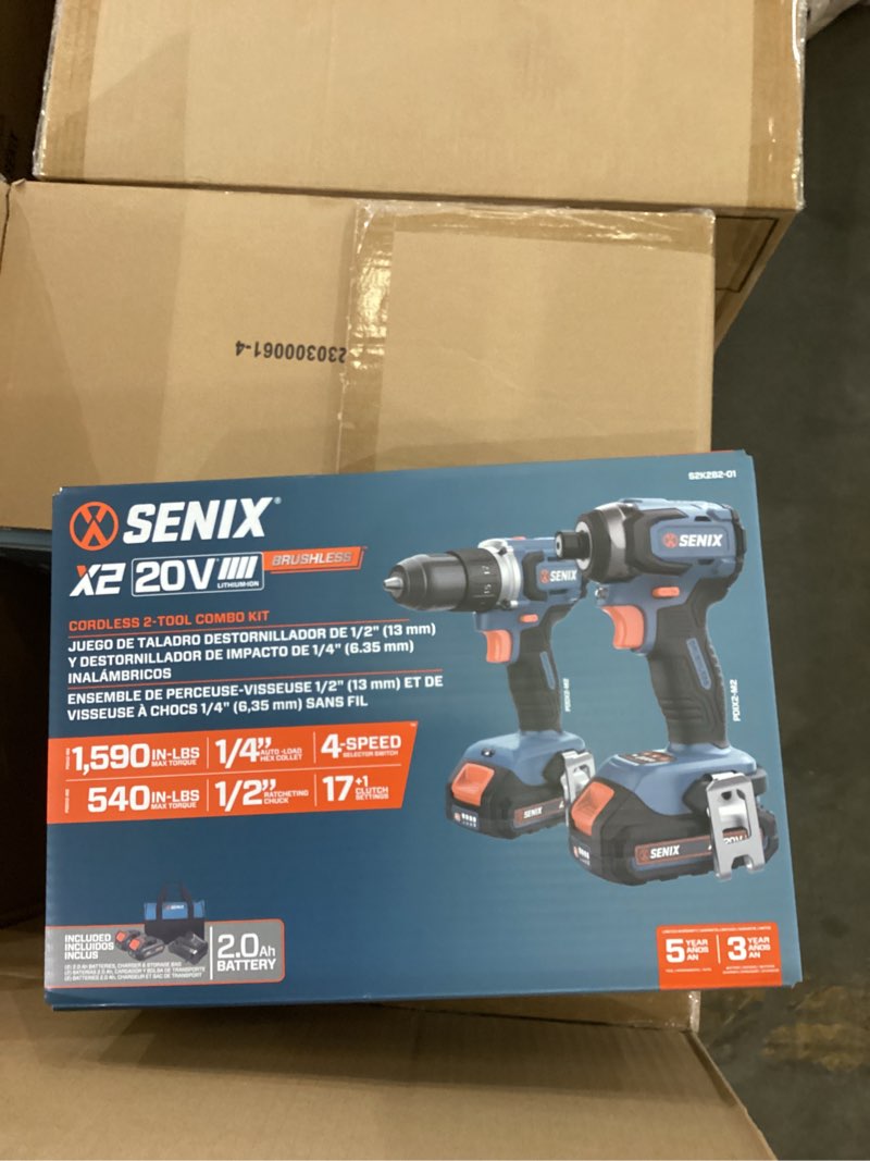 Condition photo showing New/Like New for senix 20 volt max* 2-tool cordless brushless combo kit  1/2-inch drill driver & 1/4-inch impact driver (2 x batteries  1 x charger and soft bag included) s2k2b2-01