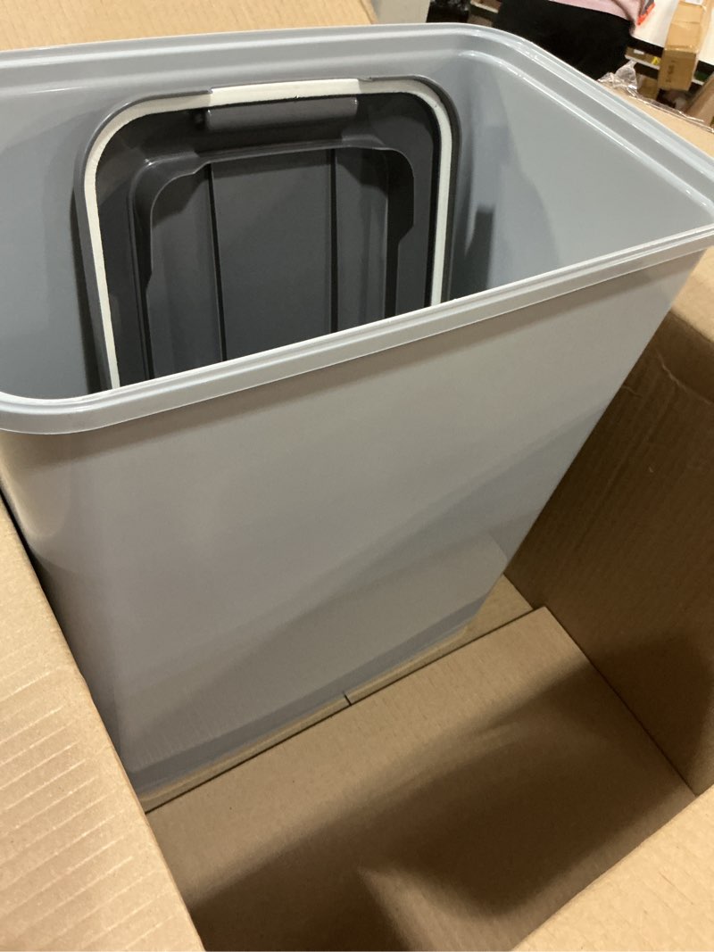 Condition photo showing Good Condition for iris usa dog food storage container with wheels, airtight lid, 2-cup scoop, up to 54 pounds pet food storage, built in scoop storage in lid, versatile pet food bin, portable, bpa free, gray/dark gray 54 lbs gray/dark gray