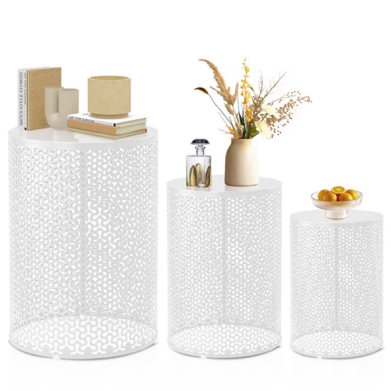 Outdoor Round Metal Stackable Side Table(Set Of 3) White