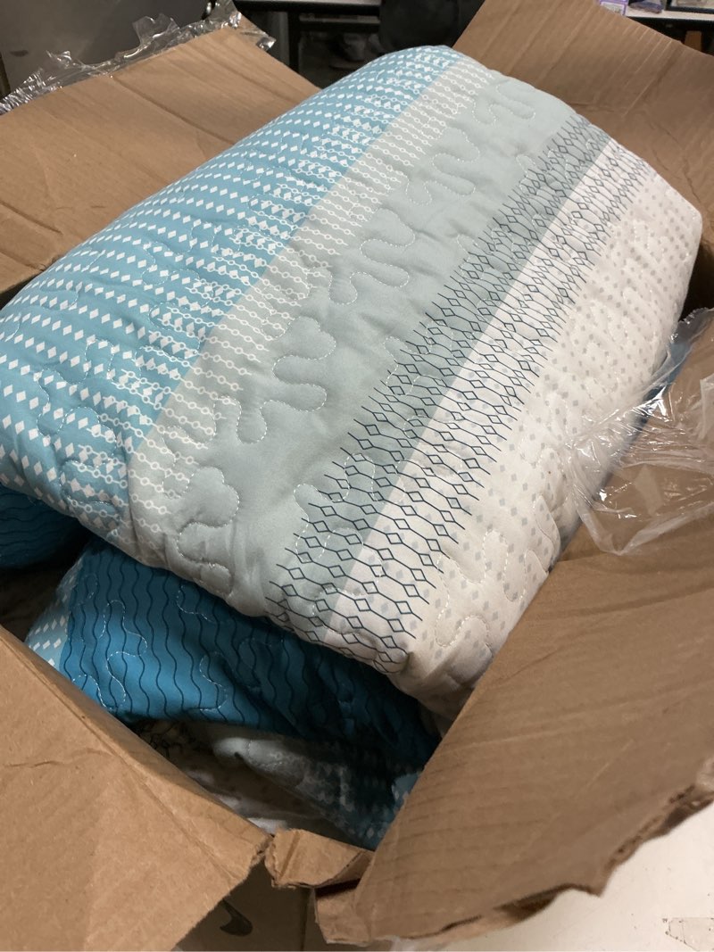 Condition photo showing As Is for Andency Teal and White Striped Quilt King(106x96Inch), 3 Pieces (1 Quilt and 2 Pillowcases) Patchwork Bedspread Coverlet Set, Soft Microfiber Quilted Bedding Set 04 - Teal White King(106"x96")